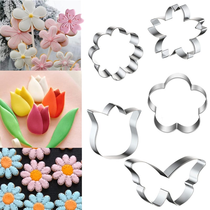 QBAKER Spring Summer Flowers Cookie Cutters Rose Sunflower Tulip Daisy Flower Butterfly Stainless Steel Holiday Cookie Cutter Shapes for Baking Gift