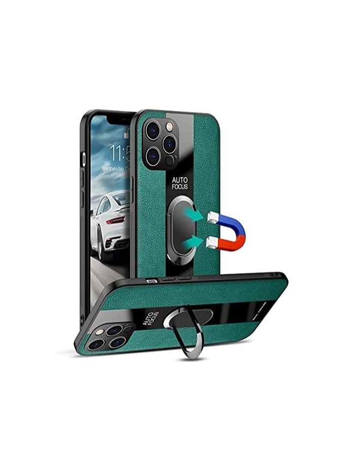 iphone 14 Pro Compatible with Magnetic Back Magnet Shockproof Drop Protection Kickstand Cover with Stand and Ring for iphone 14 Pro Hard Tough Leather (Green)