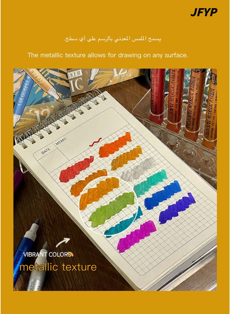 JFYP High-quality metallic markers, 12 colors, soft tip acrylic, perfect for journaling, greeting cards, and model making, with storage box. - Image 4