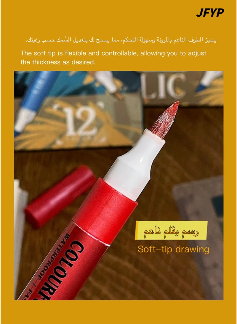JFYP High-quality metallic markers, 12 colors, soft tip acrylic, perfect for journaling, greeting cards, and model making, with storage box. - Image 5