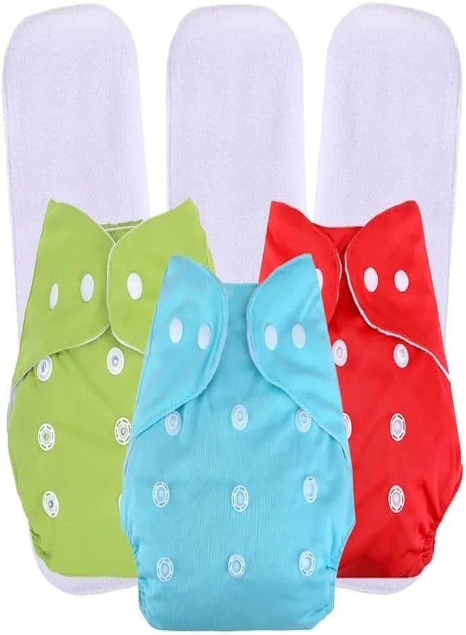 FIRAGE Reusable Baby Cloth Nappies, Adjustable Snap Buttons For 0 to 3 Years With Insert Pads Leak Proof Washable Diapers For New Born Babies Pack of 3, Green Blue Red - Image 1
