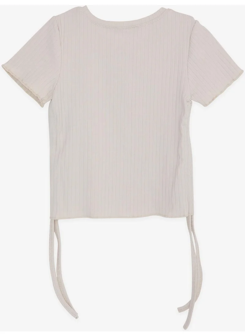 Breeze Girl's T-Shirt Gathered on the Sides Text Printed 8-14 Years Beige