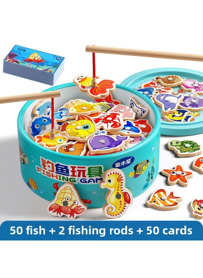 [900 People Spelling List In One Week] Children's Fishing Toys 1 To 3 Years Old Puzzle One And A Half Years Old Children Develop Brain-Colour:[bucket] 50 Fish + 50 Cognitive Cards + 2 Fishing Rods-Specification:Wooden + Magnetic + No Burrs  - Image 1