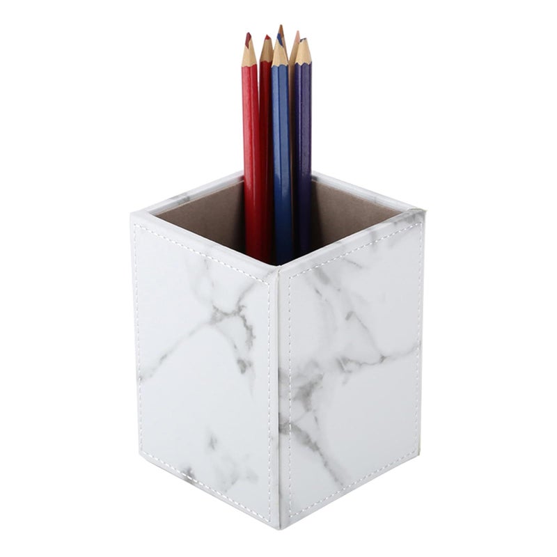 White Marble Leather Pen Holder Desk Organizer Square Pencil Case Office Supply - Image 2