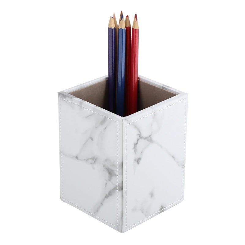 White Marble Leather Pen Holder Desk Organizer Square Pencil Case Office Supply - Image 5