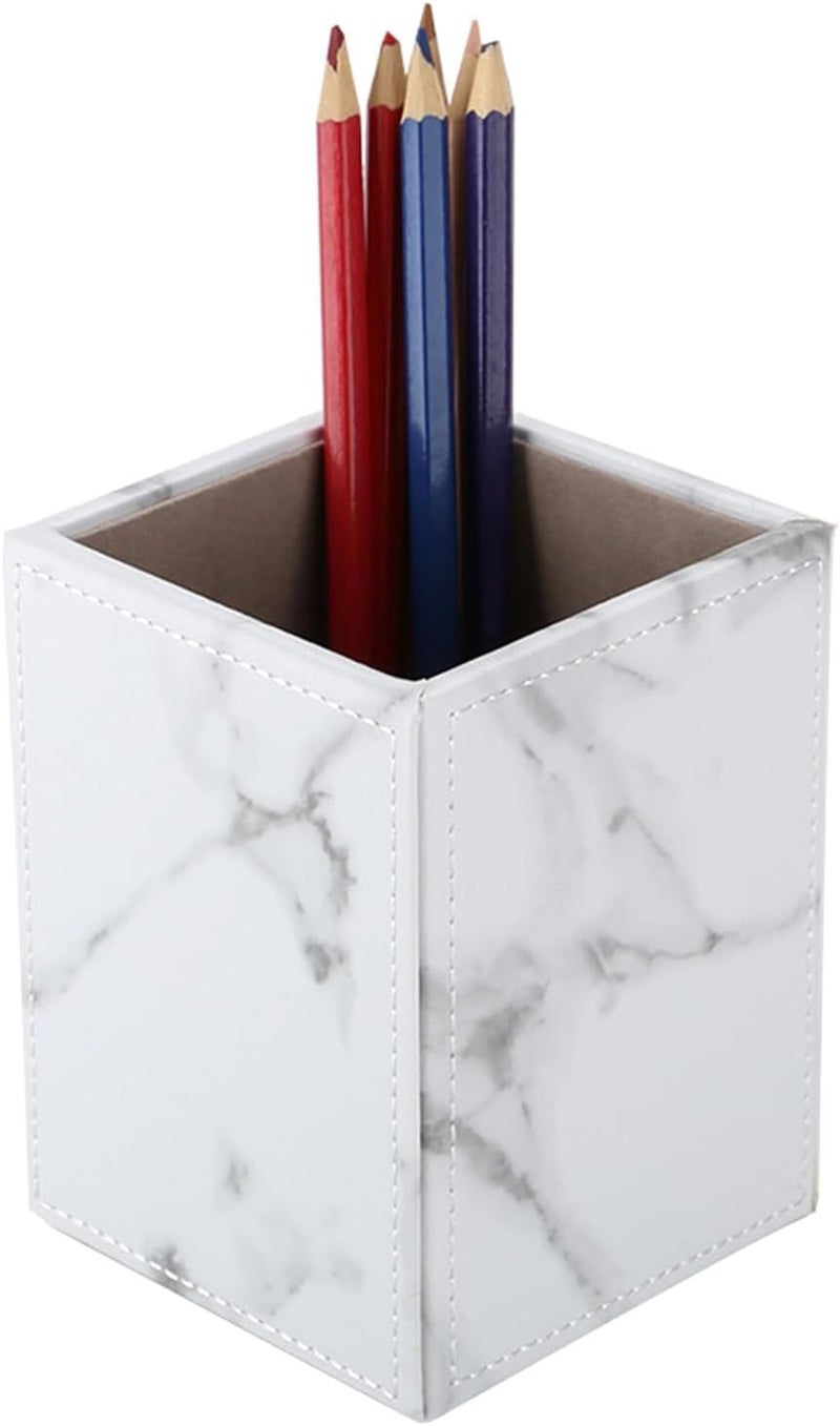 White Marble Leather Pen Holder Desk Organizer Square Pencil Case Office Supply - Image 1