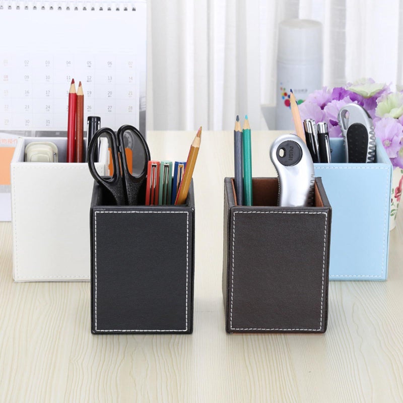 White Marble Leather Pen Holder Desk Organizer Square Pencil Case Office Supply - Image 3