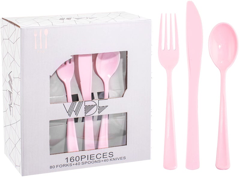 WDF 160 Piece Pink Plastic Silverware - Heavy Duty Pink Silverware Includes 80 Pink Forks  40 Pink Spoons  40 Pink Knives  Pink Plastic Utensils Perfect for Wedding  Party or Daily Using