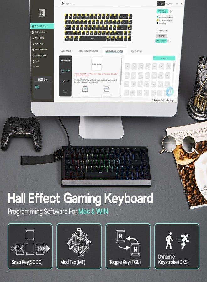 ابوماكر لوحة مفاتيح الألعاب EPOMAKER HE68 Lite بتقنية تأثير هول، معدل استجابة 8 كيلو هرتز ومعدل مسح 128 كيلو هرتز، زناد قابل للتعديل 0.005 مم، زمن استجابة 0.125 مللي ثانية، عازل للصوت بخمس طبقات، مفتاح Snap Key، SOCD، إضاءة A-RGB، سلكية، برنامج Mac (أسود) - Image 4