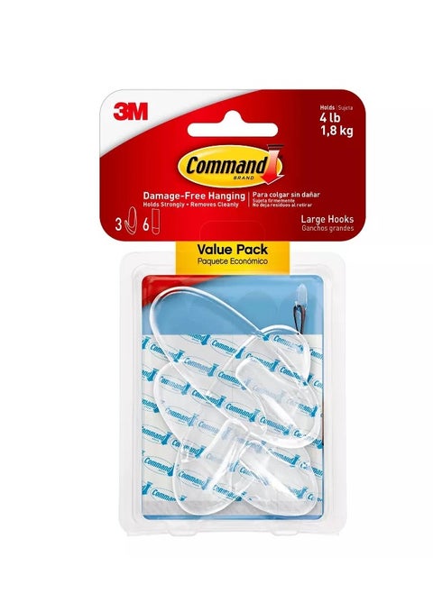 Command Large 3 Hook & 6 Strip Pack - Damage-Free, Strong Hold, Reusable, Wall Organizer, Easy Removal