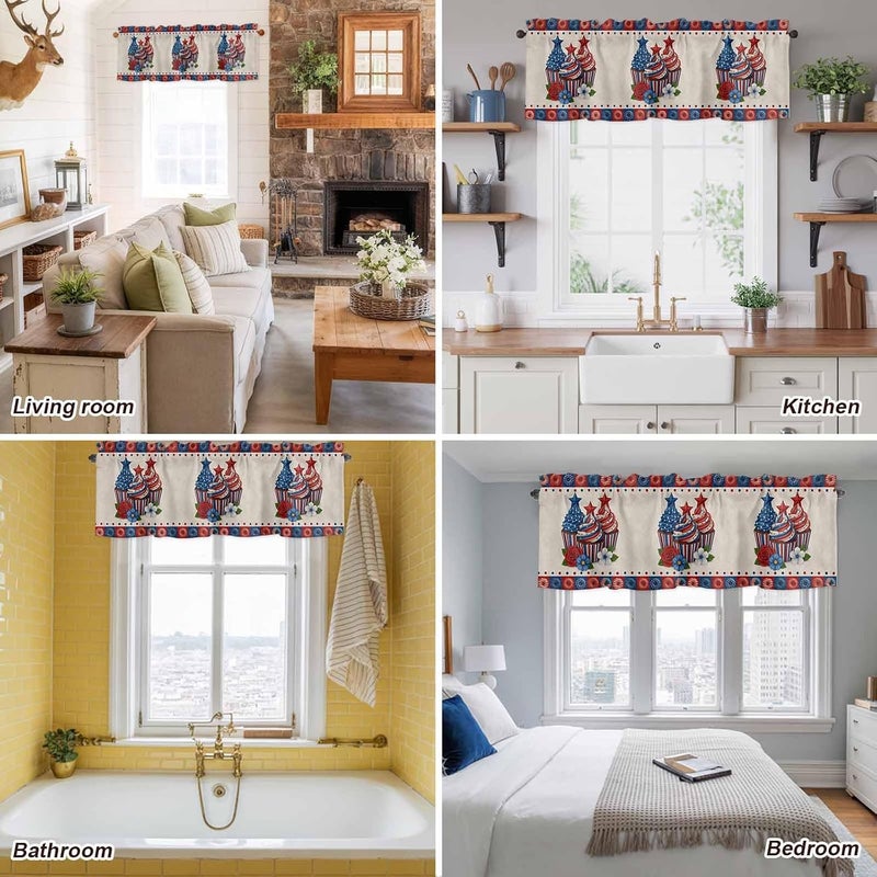 American Flag Ice Cream Valances for Windows, Short Curtains for Kitchen/Bathroom, Vintage 250th Anniversary Rod Pocket Window Treatment for Living Room/Doorway/Bedroom/Cafe Decor Panel 60"x14" - Image 5