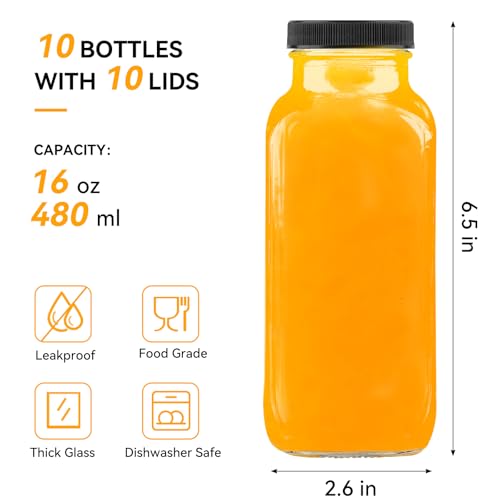 Kucoele 16oz Glass Juice Bottles with Lids 10 Pack Reusable Smoothie Cups Water Bottles Drinking Jars with Glass Straws Brush Lids with Hole - Image 3