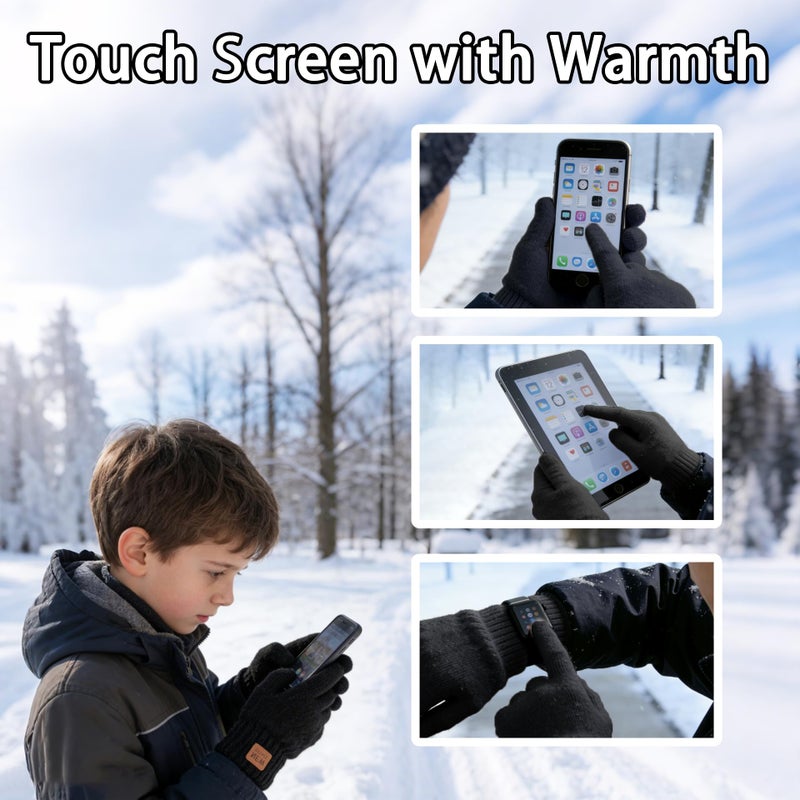 YukiniYa Kids Gloves Winter Thermal Double-Layer Knit Wool Fleece Lined Touchscreen for Boys Girls 4-18 Years Cold Weather - Image 5