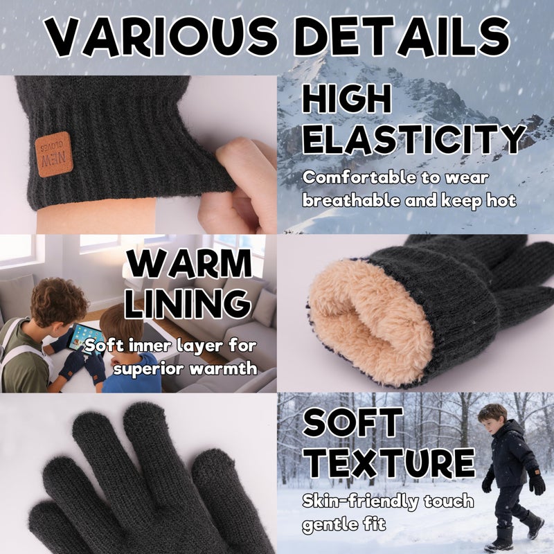 YukiniYa Kids Gloves Winter Thermal Double-Layer Knit Wool Fleece Lined Touchscreen for Boys Girls 4-18 Years Cold Weather - Image 4