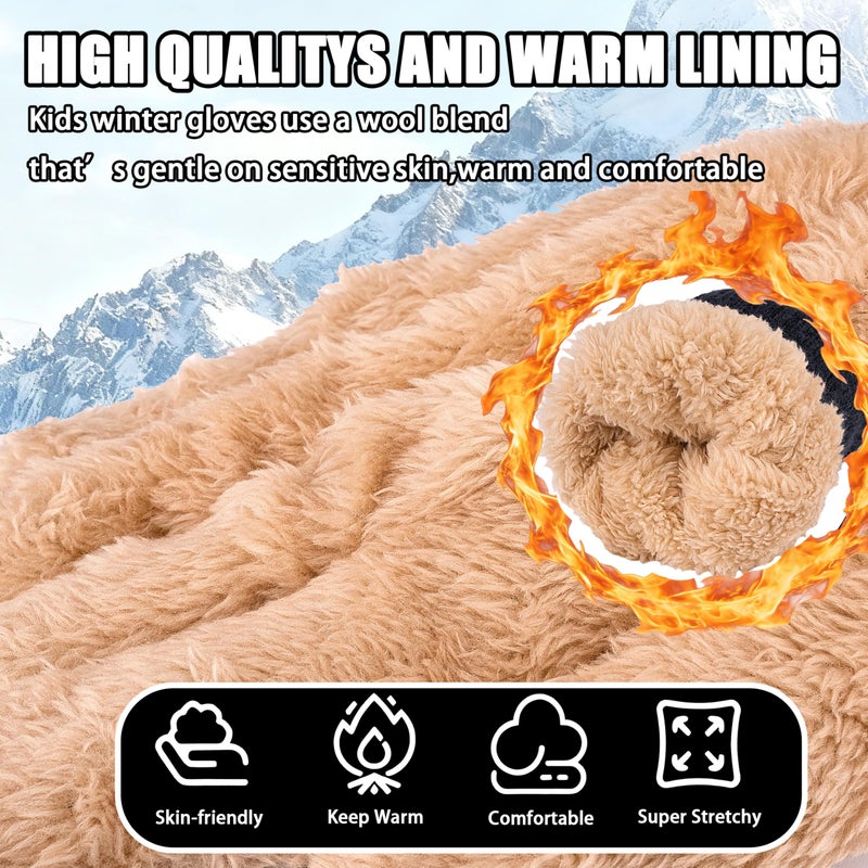 YukiniYa Kids Gloves Winter Thermal Double-Layer Knit Wool Fleece Lined Touchscreen for Boys Girls 4-18 Years Cold Weather - Image 2