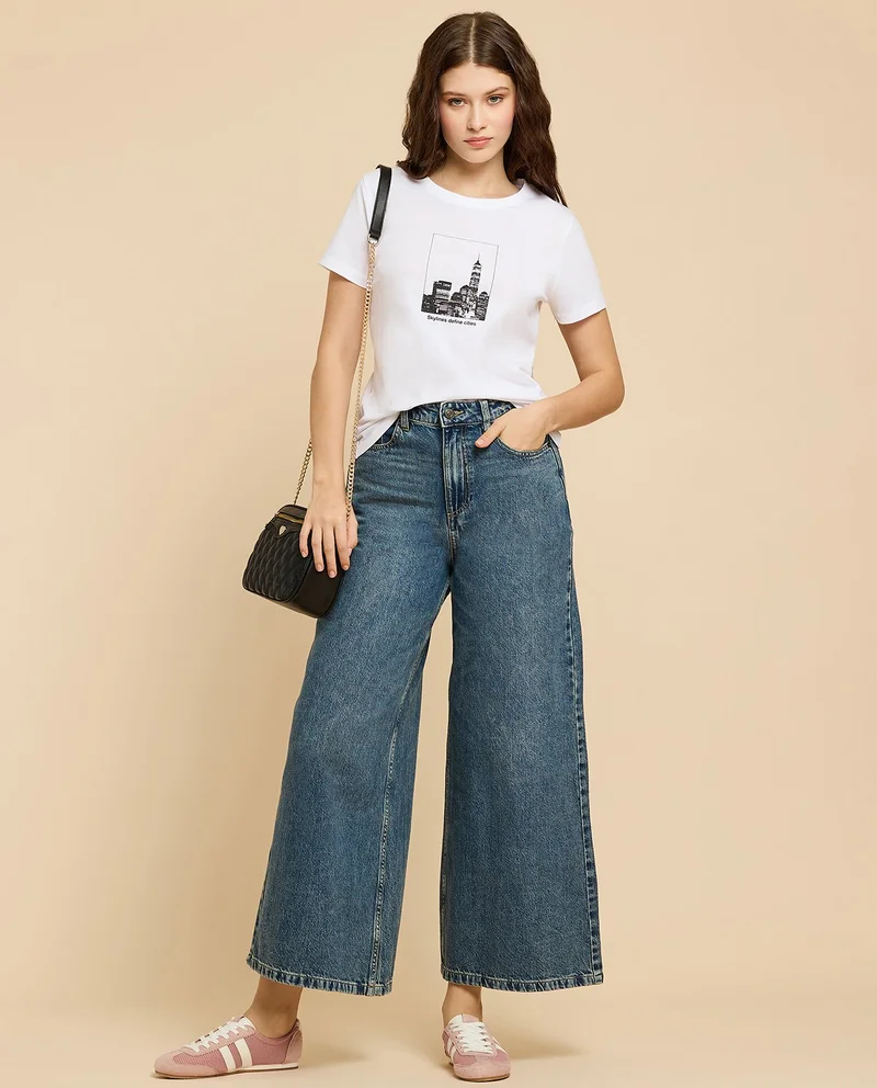 أر أند بي Printed T-Shirt with Crew Neck and Short Sleeves