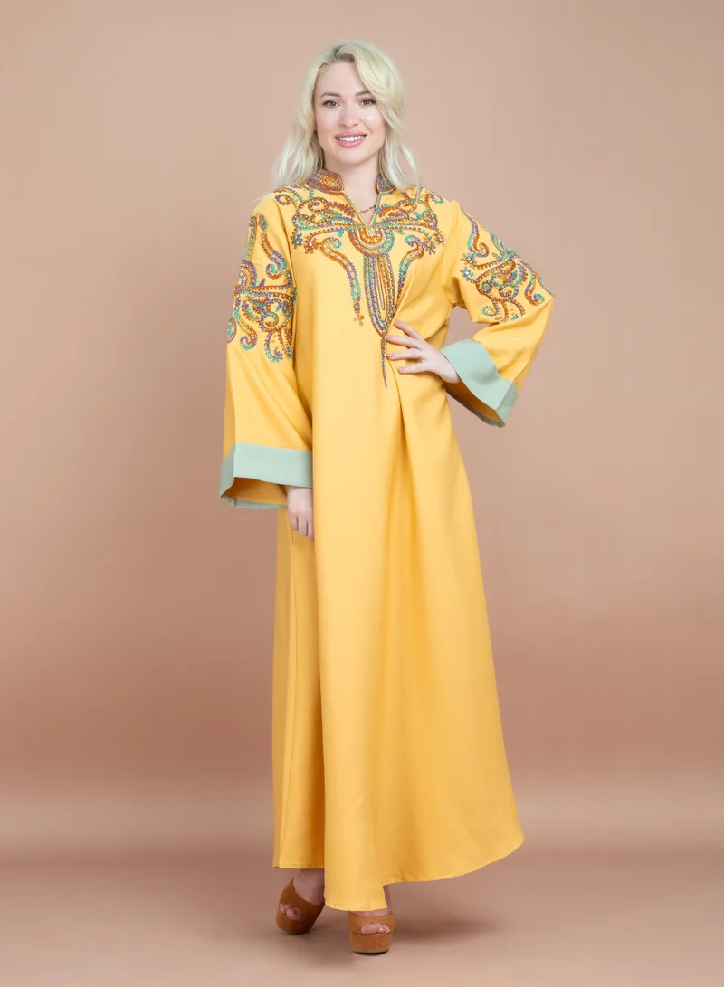 اكسا جلابية ارابيسك انيقة سادة CJ1058 اصفر
