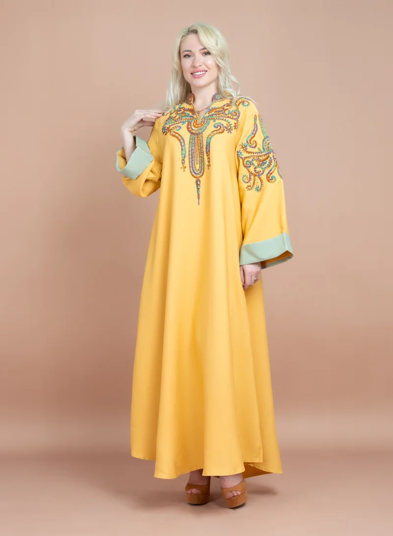 اكسا جلابية ارابيسك انيقة سادة CJ1058 اصفر