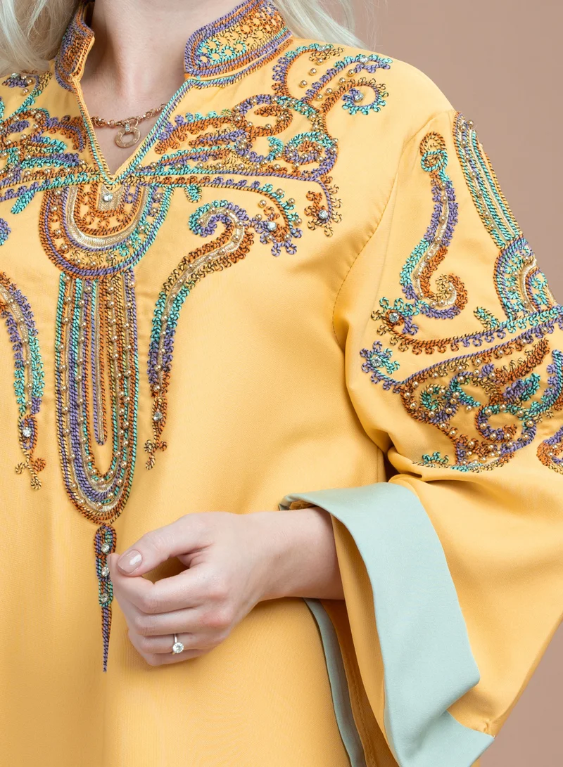 اكسا جلابية ارابيسك انيقة سادة CJ1058 اصفر