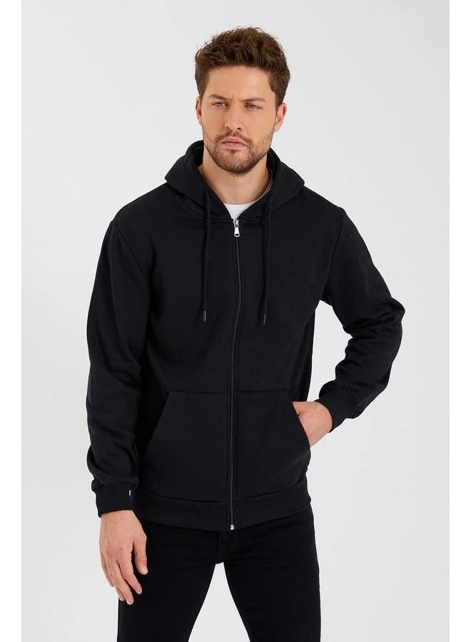 Mmetalic Black Men's Hooded Sweatshirt with Kangaroo Pocket, Zipper Closure and Cotton Lining