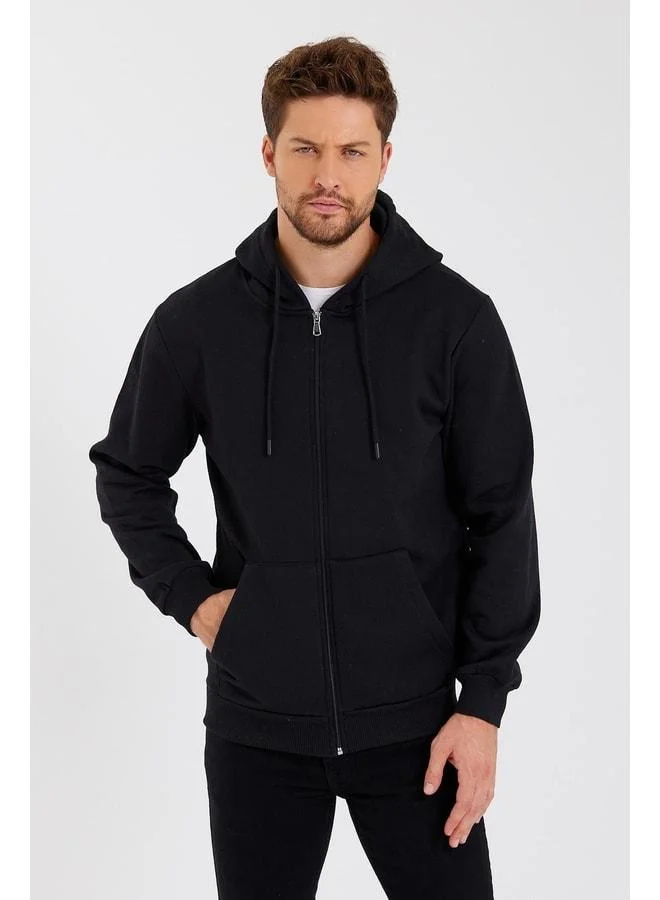 Mmetalic Black Men's Hooded Sweatshirt with Kangaroo Pocket, Zipper Closure and Cotton Lining