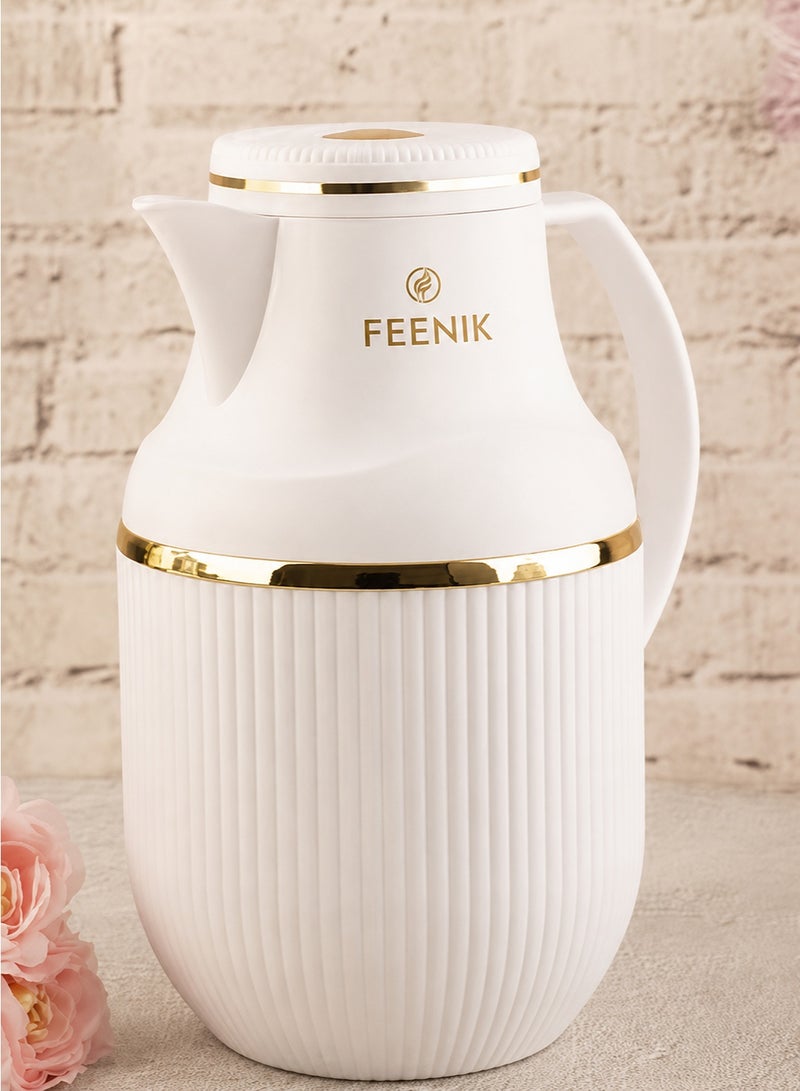 FEENIK Vacuum Insulated Thermal Flask 1.0L, Hot & Cold Coffee & Tea Carafe, Double Wall Insulation, Push Button Lid, Food-Grade Glass Liner, White & Gold - Image 1
