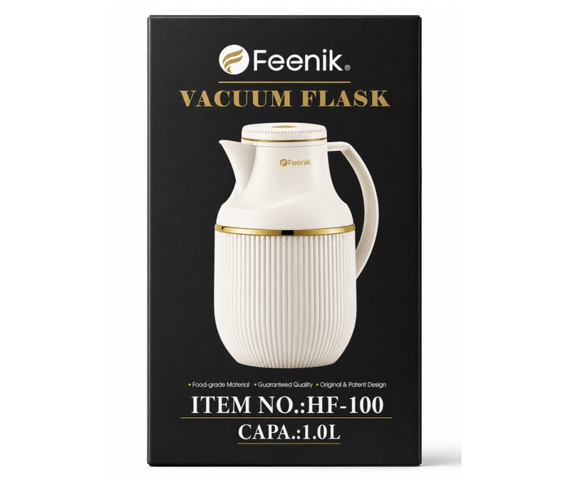 FEENIK Vacuum Insulated Thermal Flask 1.0L, Hot & Cold Coffee & Tea Carafe, Double Wall Insulation, Push Button Lid, Food-Grade Glass Liner, White & Gold - Image 2