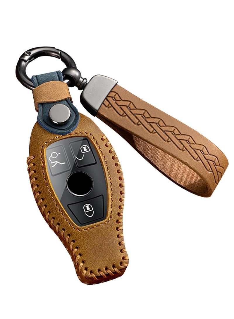 Leather Car key Fob Cover Fit for Mercedes Benz A B C E G K R S Class AMG CLA GLA VITO GLE ML GLK CLK Keyless Entry Smart Key Case Keychain Keyring Accessories (Brown) - Image 1