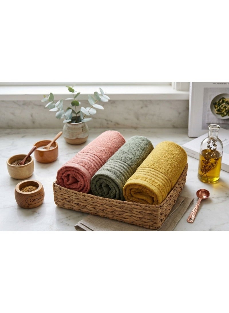 toãlla 3-piece kitchen towel set, dark yellow - watermelon color- olive , fluffy, highly absorbent, size 50*50 cm, 100% cotton, practical and easy to clean. - Image 4