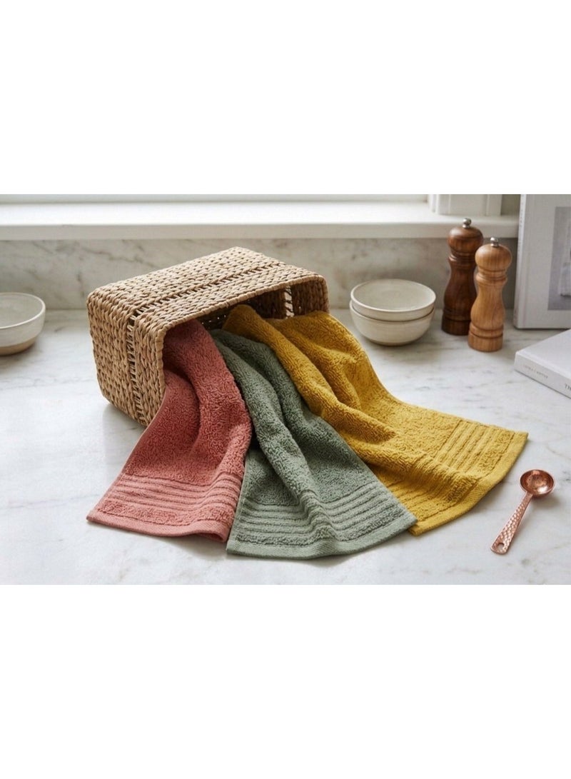 toãlla 3-piece kitchen towel set, dark yellow - watermelon color- olive , fluffy, highly absorbent, size 50*50 cm, 100% cotton, practical and easy to clean. - Image 3