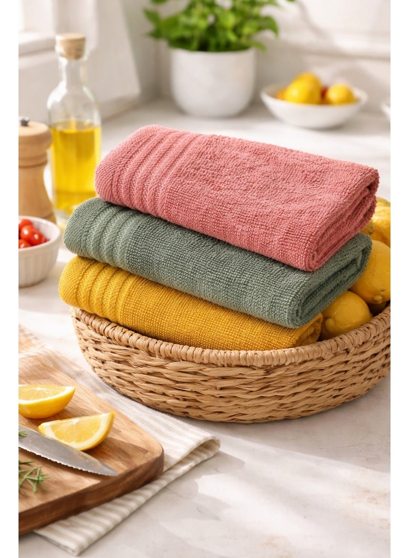 toãlla 3-piece kitchen towel set, dark yellow - watermelon color- olive , fluffy, highly absorbent, size 50*50 cm, 100% cotton, practical and easy to clean. - Image 1