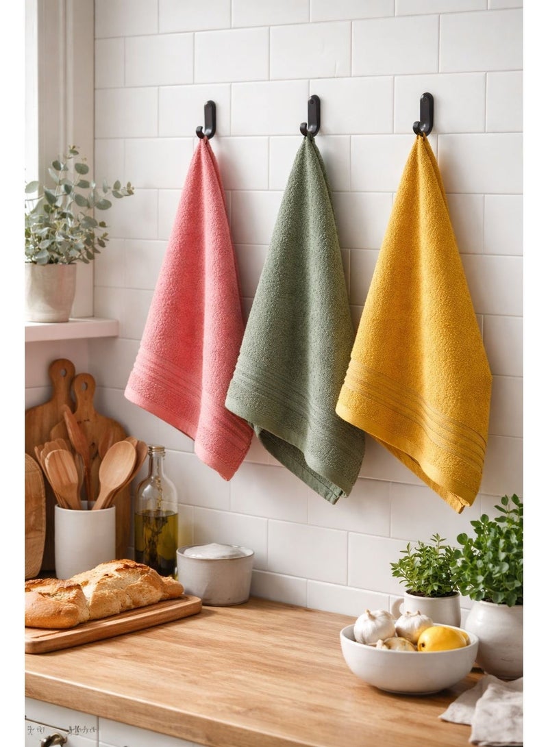 toãlla 3-piece kitchen towel set, dark yellow - watermelon color- olive , fluffy, highly absorbent, size 50*50 cm, 100% cotton, practical and easy to clean. - Image 2