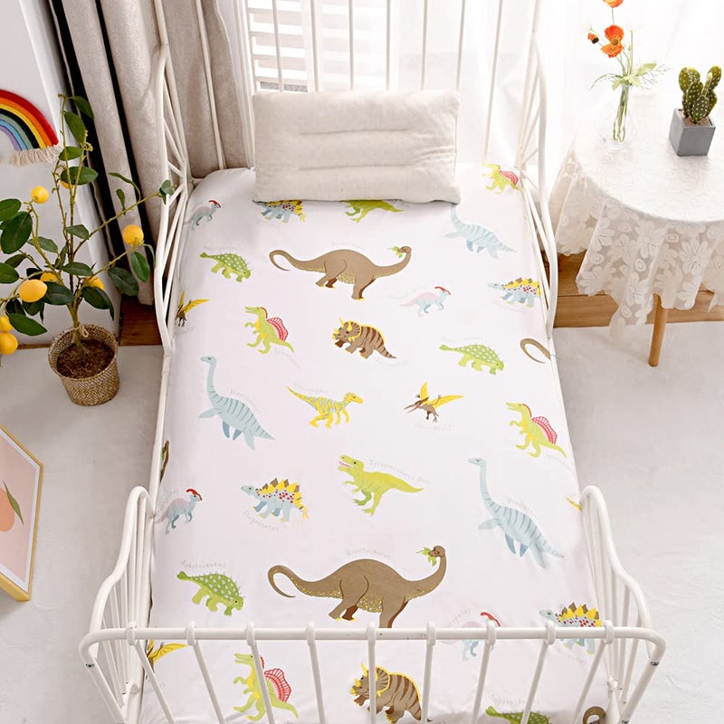 NATURETY Bedding Fitted Sheet with Deep Pocket Dino Printed Fabric Bed Sheets Soft Dino Pattern Sheets for Kids Twin Size Bed (White(Dinosaur)  Twin) - Image 1