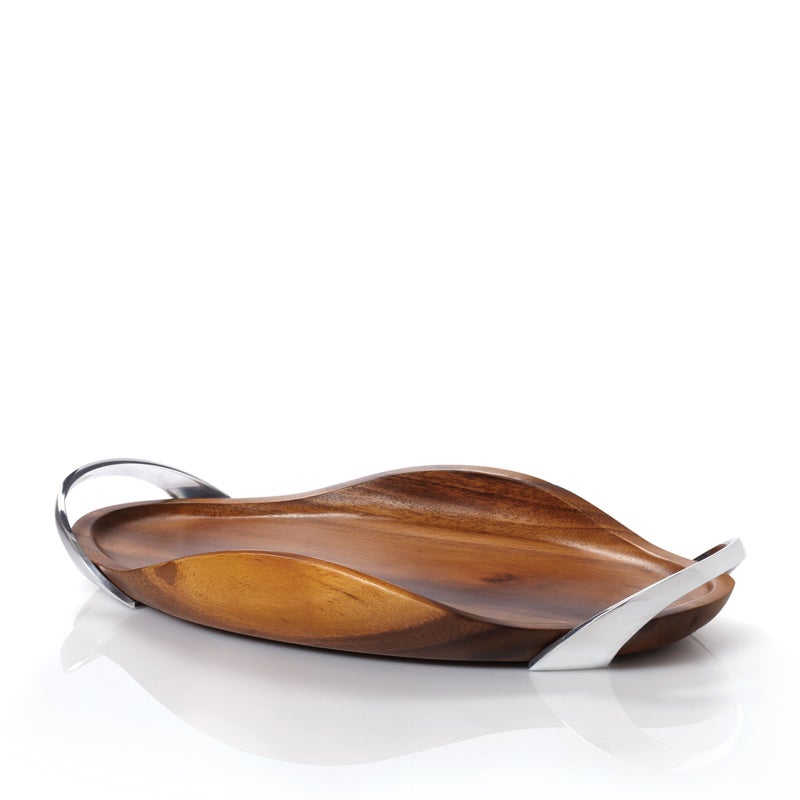 nambe Bella Wood Handled Tray  Large Wooden Serving Tray with Handles for Dinner Appetizers and Snacks  Made of Metal Alloy and Acacia Wood  18 Inch Bread Board  Designed by Steve Cozzolino