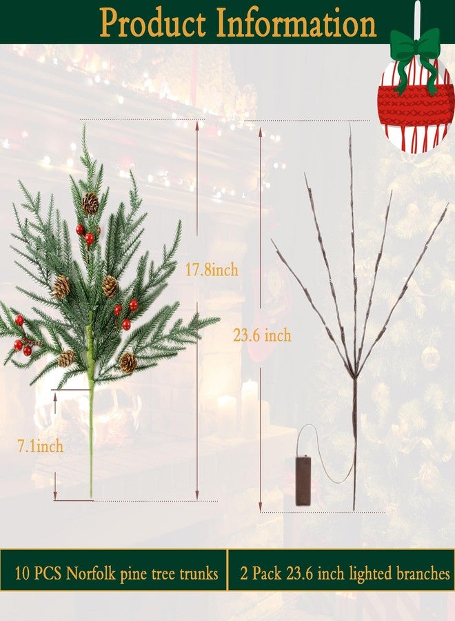 Acfruits 12 Pcs Christmas Norfolk Pine Branches with Lights, 17" Artificial Xmas Stems with Pine Cones and Berry for DIY Crafts, Garland, Wreath, Faux Christmas Pick Green Plants Ornaments - Image 4