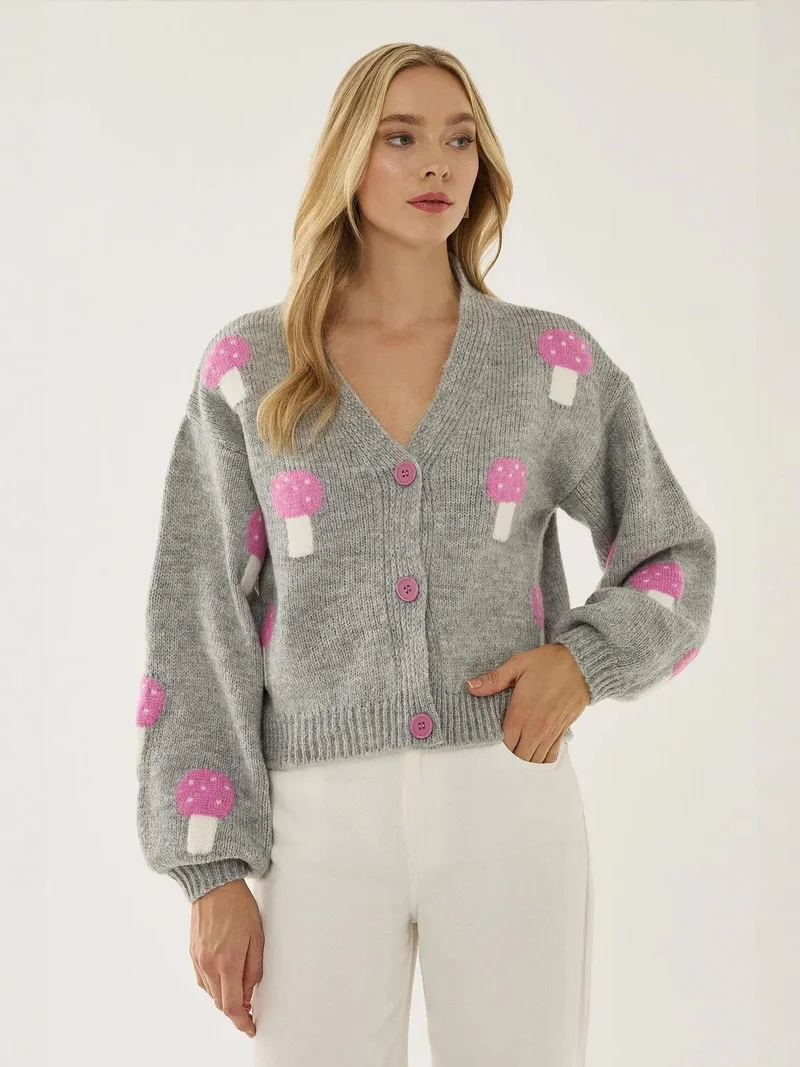 هيكاب Mushroom Patterned V-Neck Cardigan