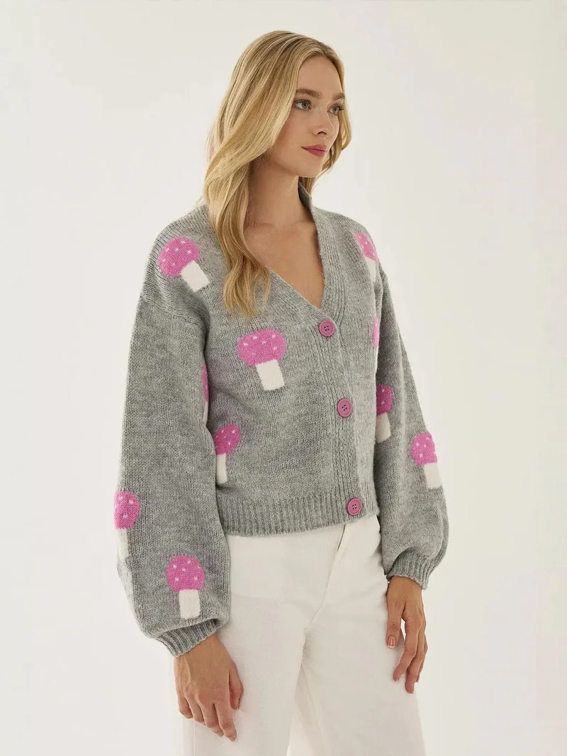 هيكاب Mushroom Patterned V-Neck Cardigan