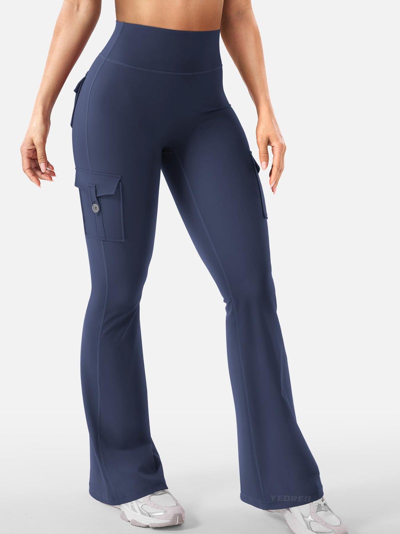 YEOREO CoreFlex Women Workout Flare Leggings with Pockets Hidden Scrunch Cargo Gym Yoga No Front Seam Leggings Navy XXL - Image 4