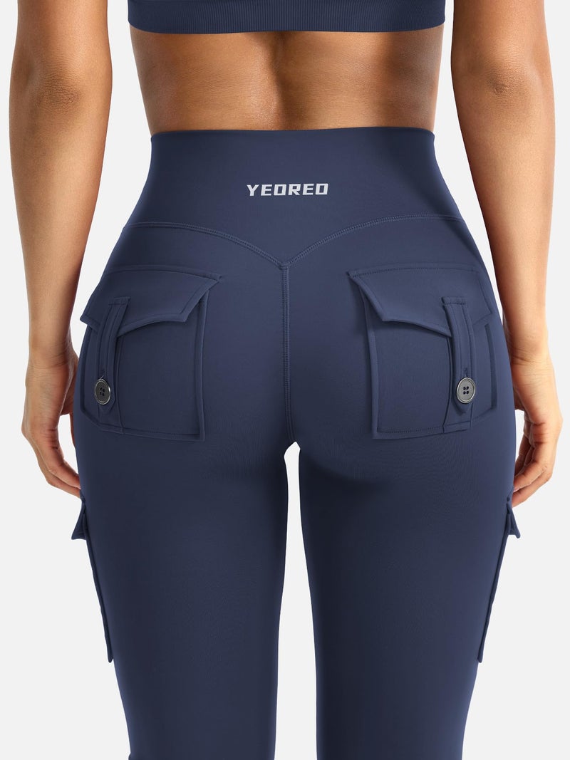 YEOREO CoreFlex Women Workout Flare Leggings with Pockets Hidden Scrunch Cargo Gym Yoga No Front Seam Leggings Navy XXL - Image 3