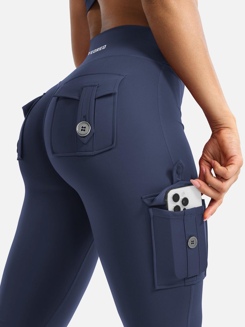 YEOREO CoreFlex Women Workout Flare Leggings with Pockets Hidden Scrunch Cargo Gym Yoga No Front Seam Leggings Navy XXL - Image 2