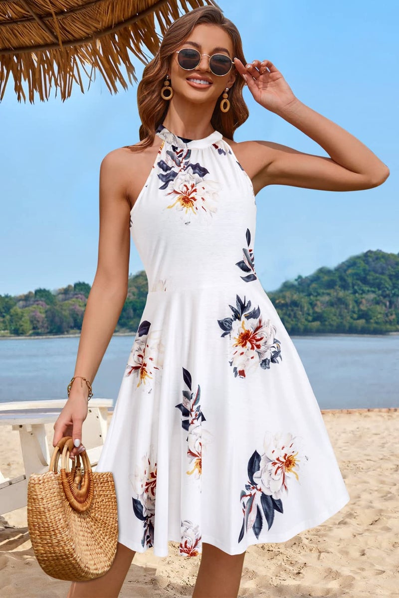 OUGES Women's Summer Dresses Floral Halter Neck Casual Sundress(Floral-21,M) - Image 2