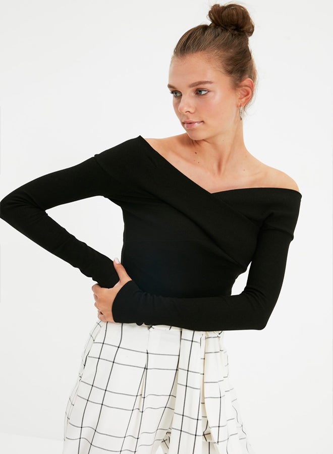 trendyol Black Slim Carmen Collar Ribbed Stretchy Knitted Bodysuit with Snap Fasteners TWOAW21BD0053 - Image 1