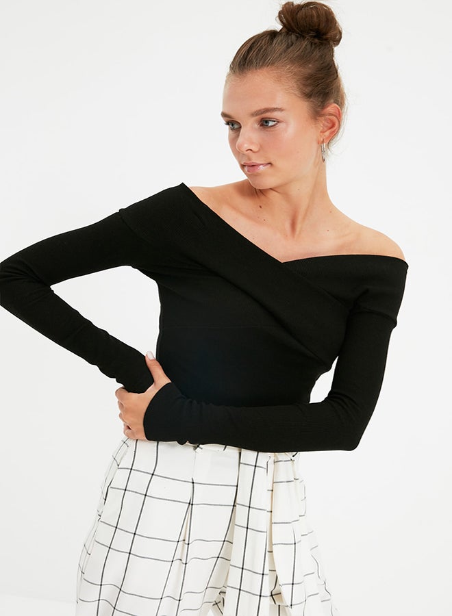 trendyol Black Slim Carmen Collar Ribbed Stretchy Knitted Bodysuit with Snap Fasteners TWOAW21BD0053 - Image 1