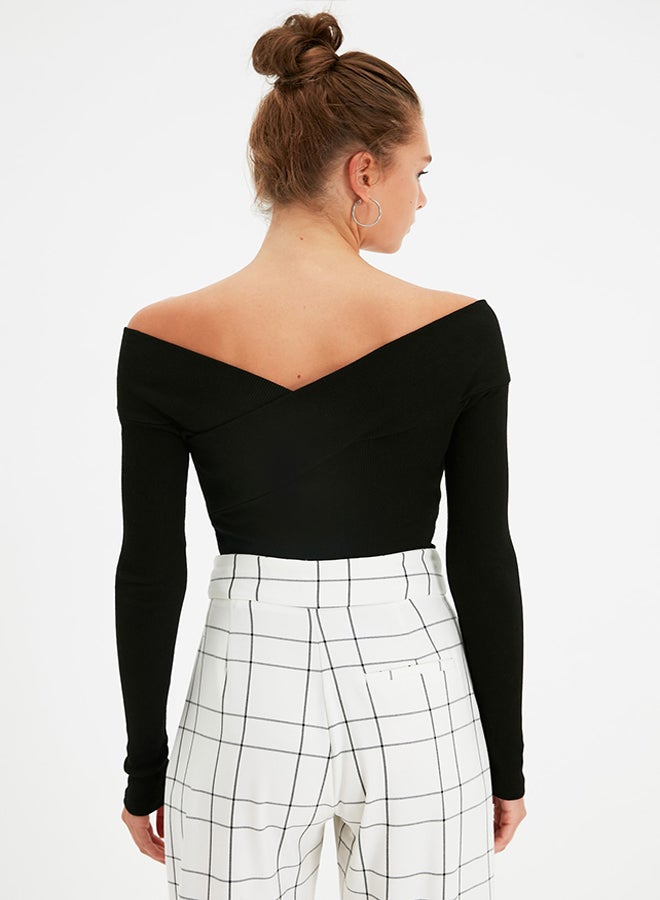 trendyol Black Slim Carmen Collar Ribbed Stretchy Knitted Bodysuit with Snap Fasteners TWOAW21BD0053 - Image 5