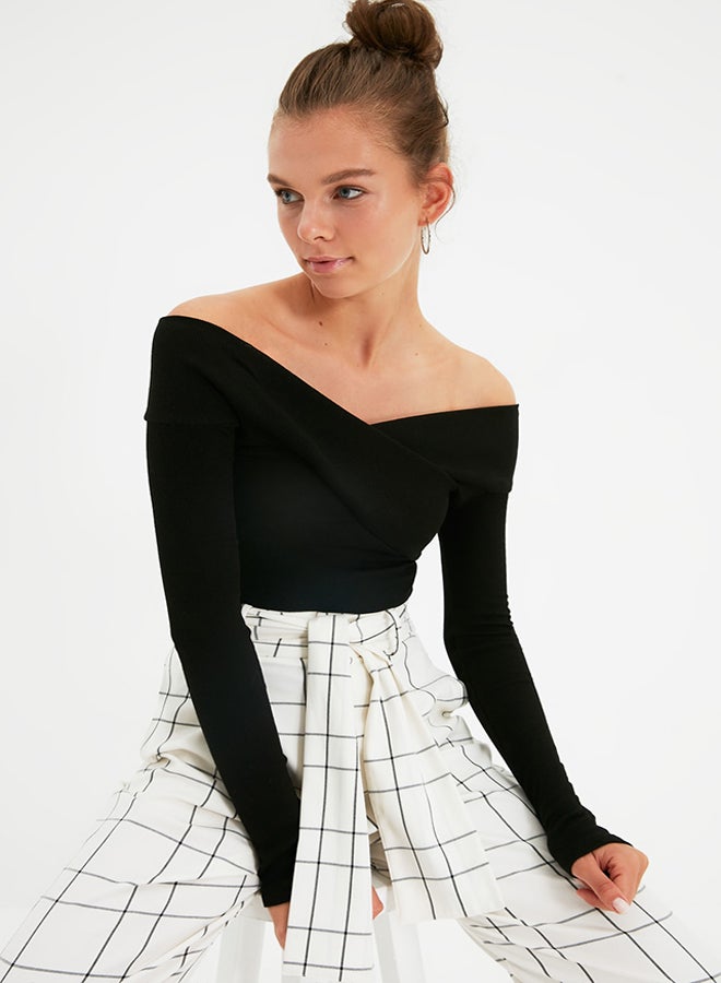 trendyol Black Slim Carmen Collar Ribbed Stretchy Knitted Bodysuit with Snap Fasteners TWOAW21BD0053 - Image 2