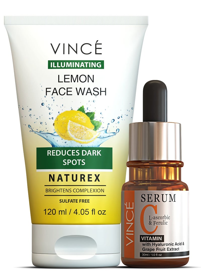 فينس مجموعة تفتيح البشرة بفيتامين سي - غسول الوجه بالليمون 120 مل + مصل فيتامين سي 30 مل - يقلل من البقع الداكنة والتصبغ والدهون - يفتح البشرة - يكشف عن بشرة أكثر صحة وتوهجًا - Image 1