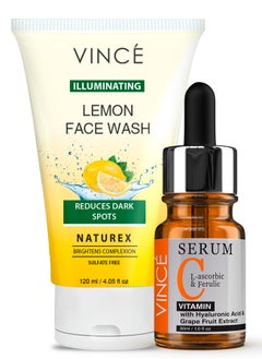 VINCE Vitamin C Brightening Kit - Lemon Face Wash 120ml + Vitamin C Serum 30ml – Reduces Dark Spots, Pigmentation & Oiliness – Brightens Complexion – Reveals Healthier, Glowing Skin  - Image 1