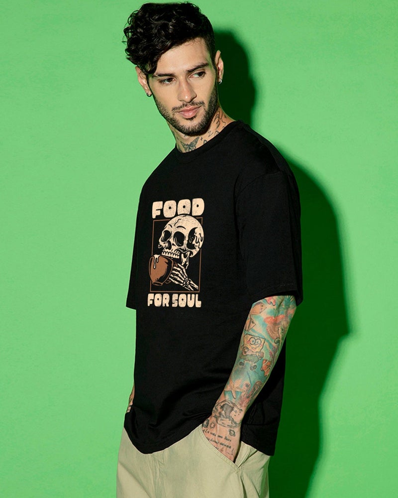 bewakoof Men's Black Feed For Soul Graphic Printed Oversized T-shirt - Image 2