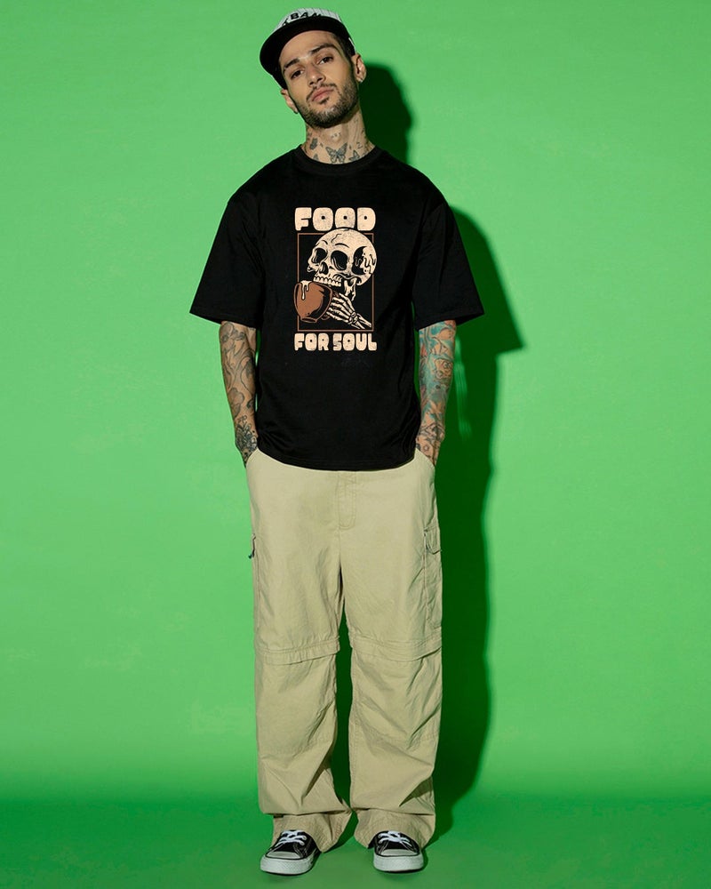 bewakoof Men's Black Feed For Soul Graphic Printed Oversized T-shirt - Image 5