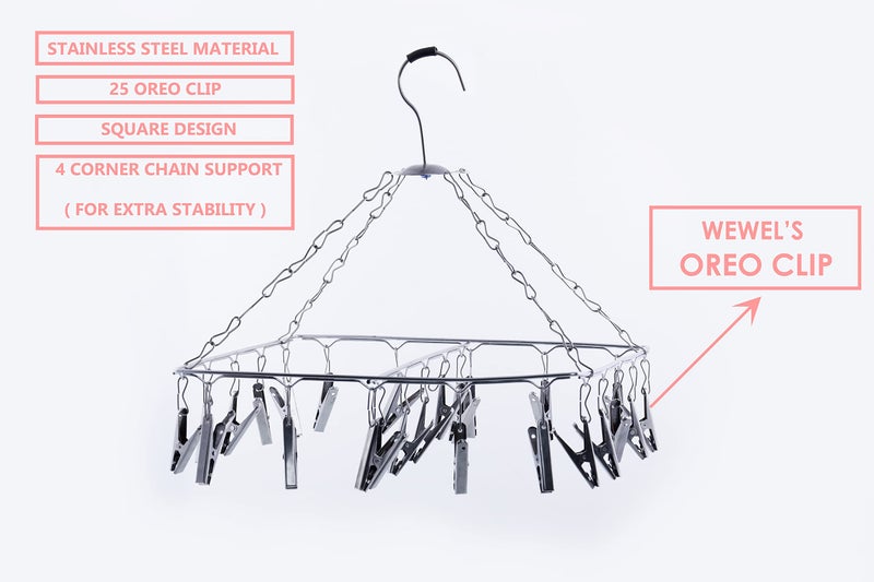 WEWEL® Heavy Quality Square Stainless Steel Clothes Drying Hanger - Oreo Clips Heavy Quality Rust Free Pegs for Diapers, Hosiery, Socks, Undergarments, and Infant Clothes: 25 pc - Image 2